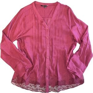 Zac & Rachel Burgundy Button Front Roll-Sleeve Accented Hem Shirt Size L